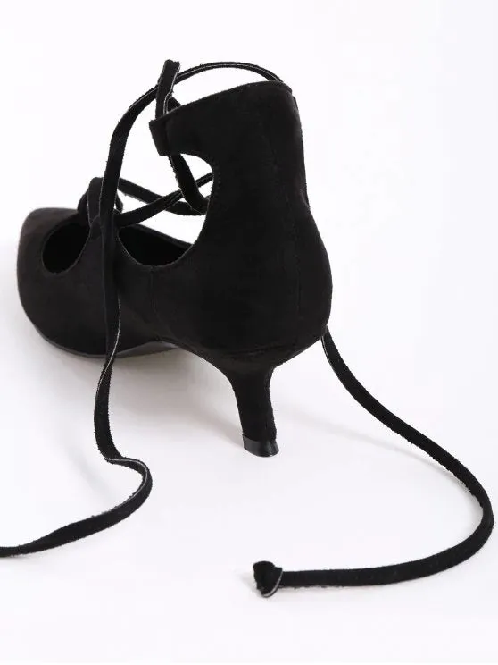 Trendy Lace Up Cross Strap Kitten Heel Pumps