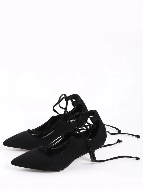 Trendy Lace Up Cross Strap Kitten Heel Pumps