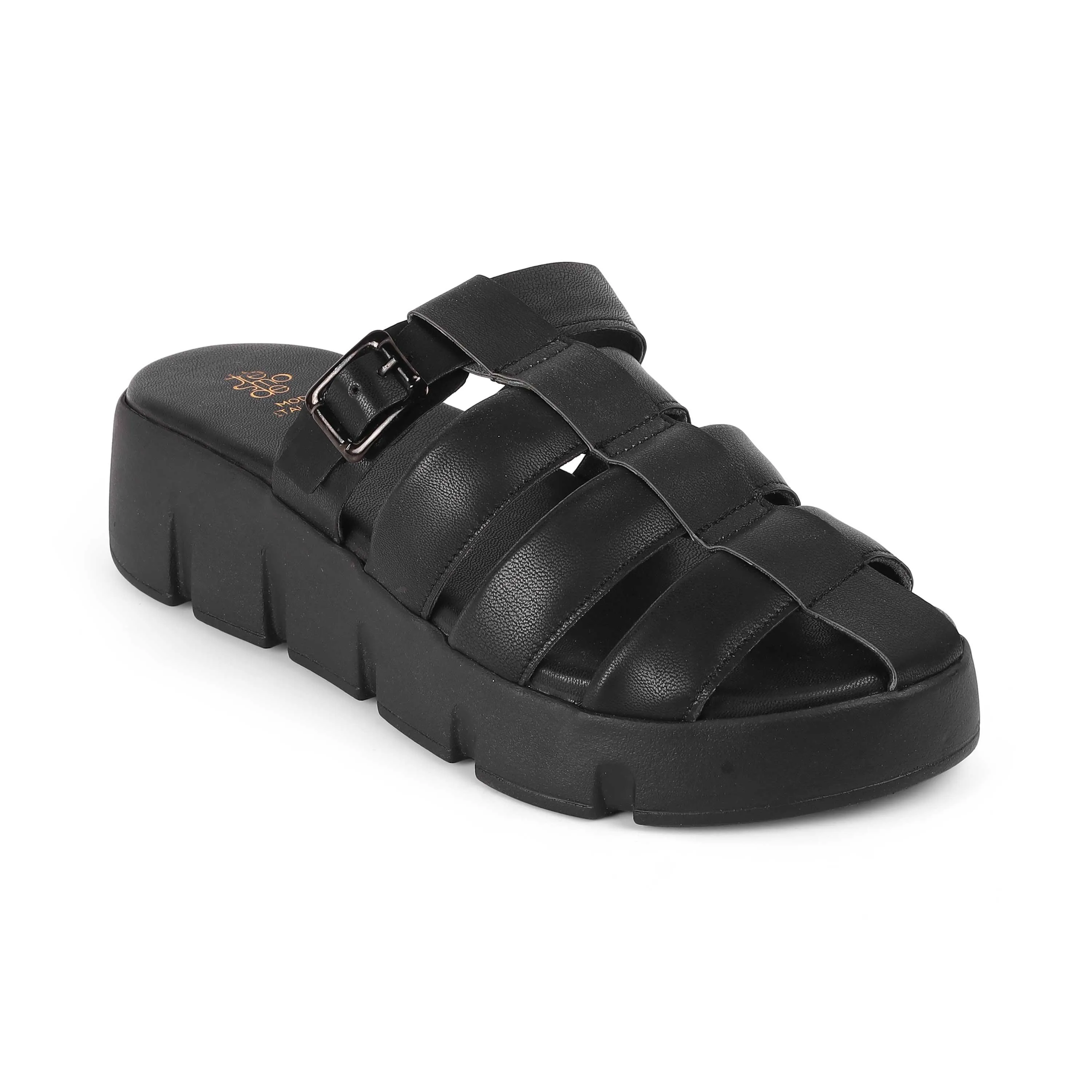 Tresmode Maximus Black Women's Casual Chunky Sole Wedges