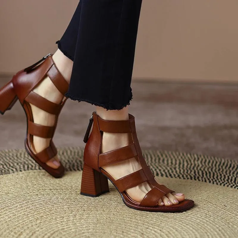 TSS15 Women's Casual Shoes - Rome Leather Sandals With Thick High Heels