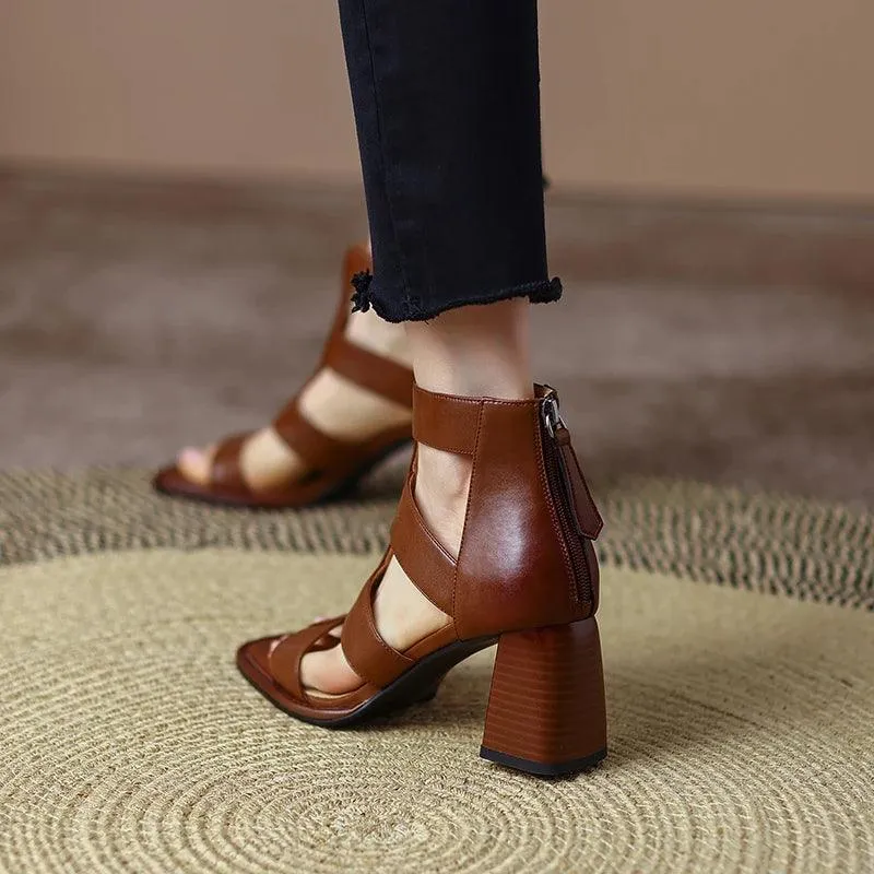 TSS15 Women's Casual Shoes - Rome Leather Sandals With Thick High Heels