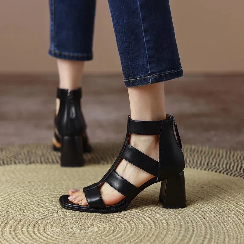 TSS15 Women's Casual Shoes - Rome Leather Sandals With Thick High Heels