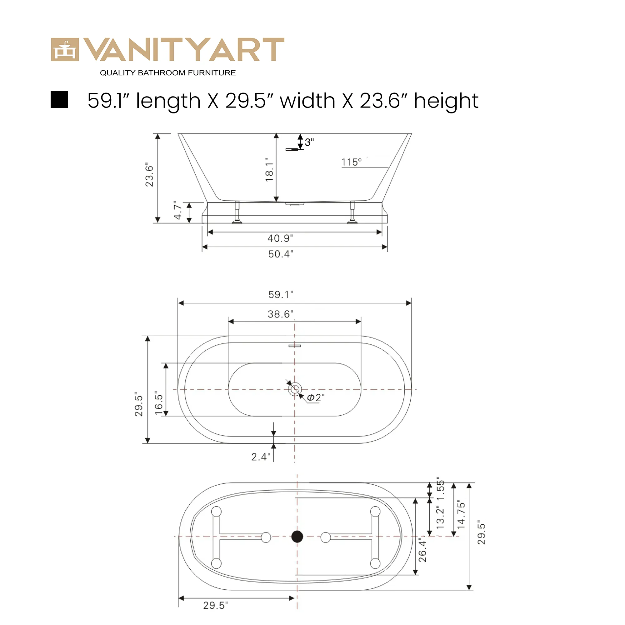 Vanity Art Bathtub 59" Free-Standing Center Drain Slotted Overflow Acrylic White VA6610-S New