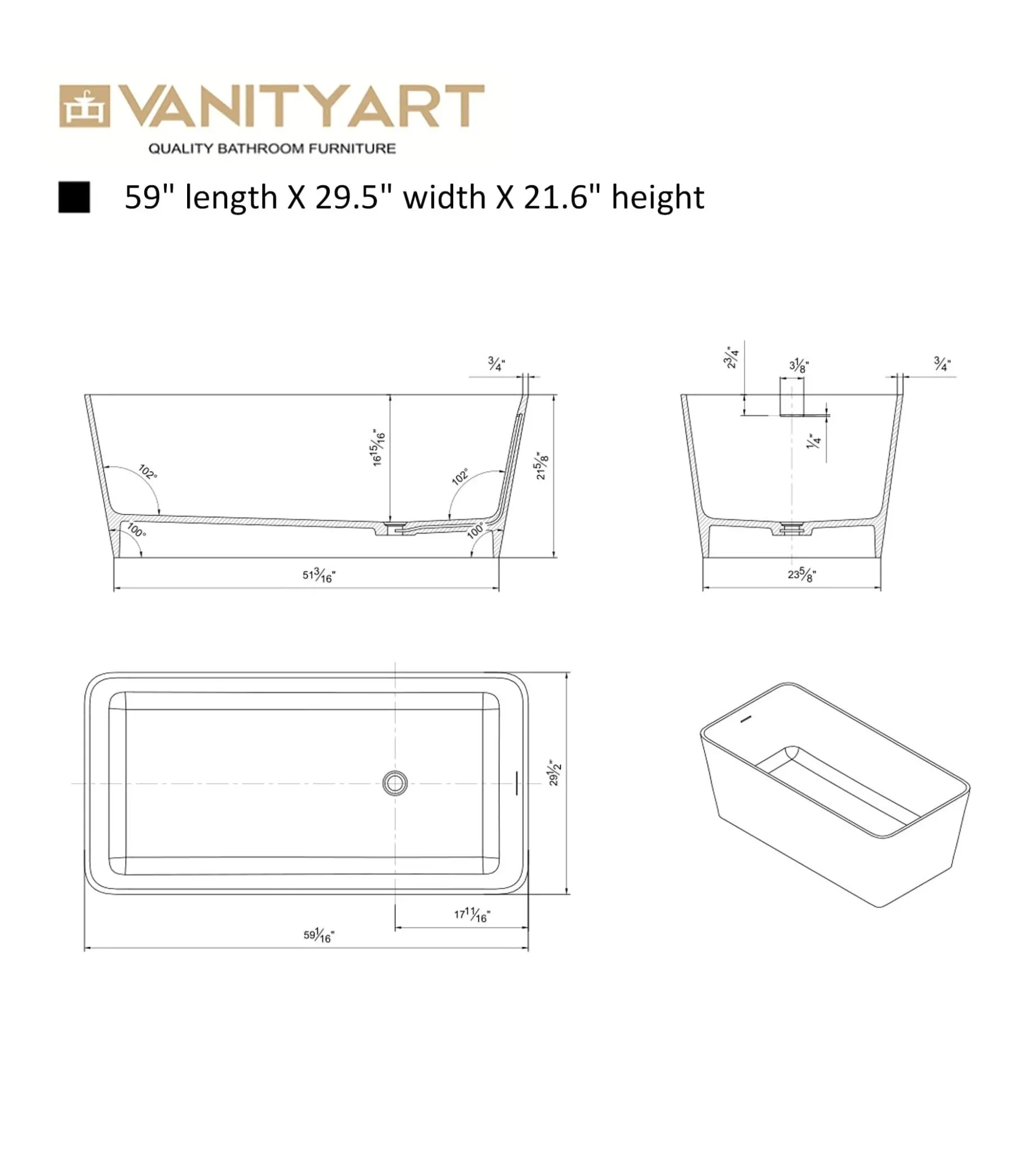 Vanity Art Bretagne 59" Bathtub Free-Standing Slotted Overflow Resin Stone Matte White VA6914-MS New