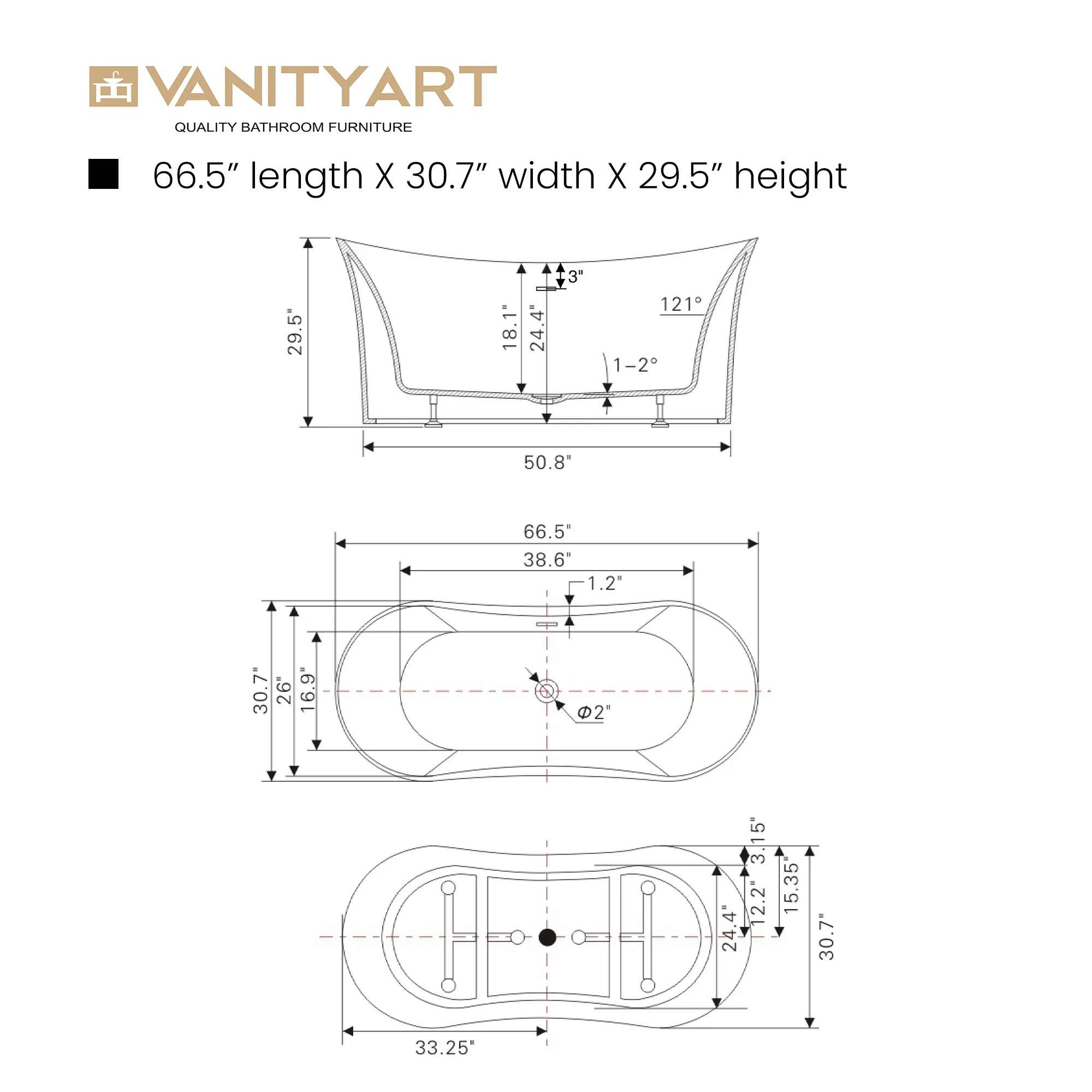 Vanity Art Calais 67" Bathtub Free-Standing Center Drain Slotted Overflow Acrylic White VA6805 New