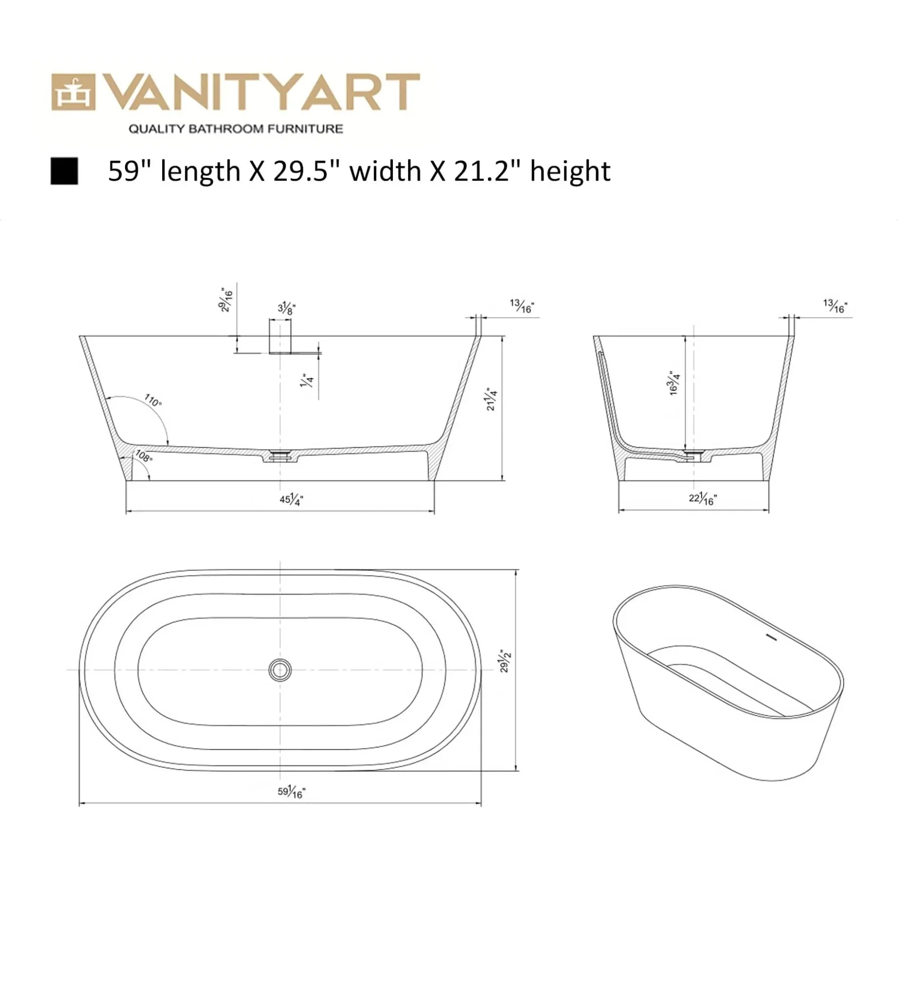 Vanity Art Lapopie 59" Bathtub Free-Standing Center Drain Slotted Overflow Resin Stone Matte White VA6912-MS New