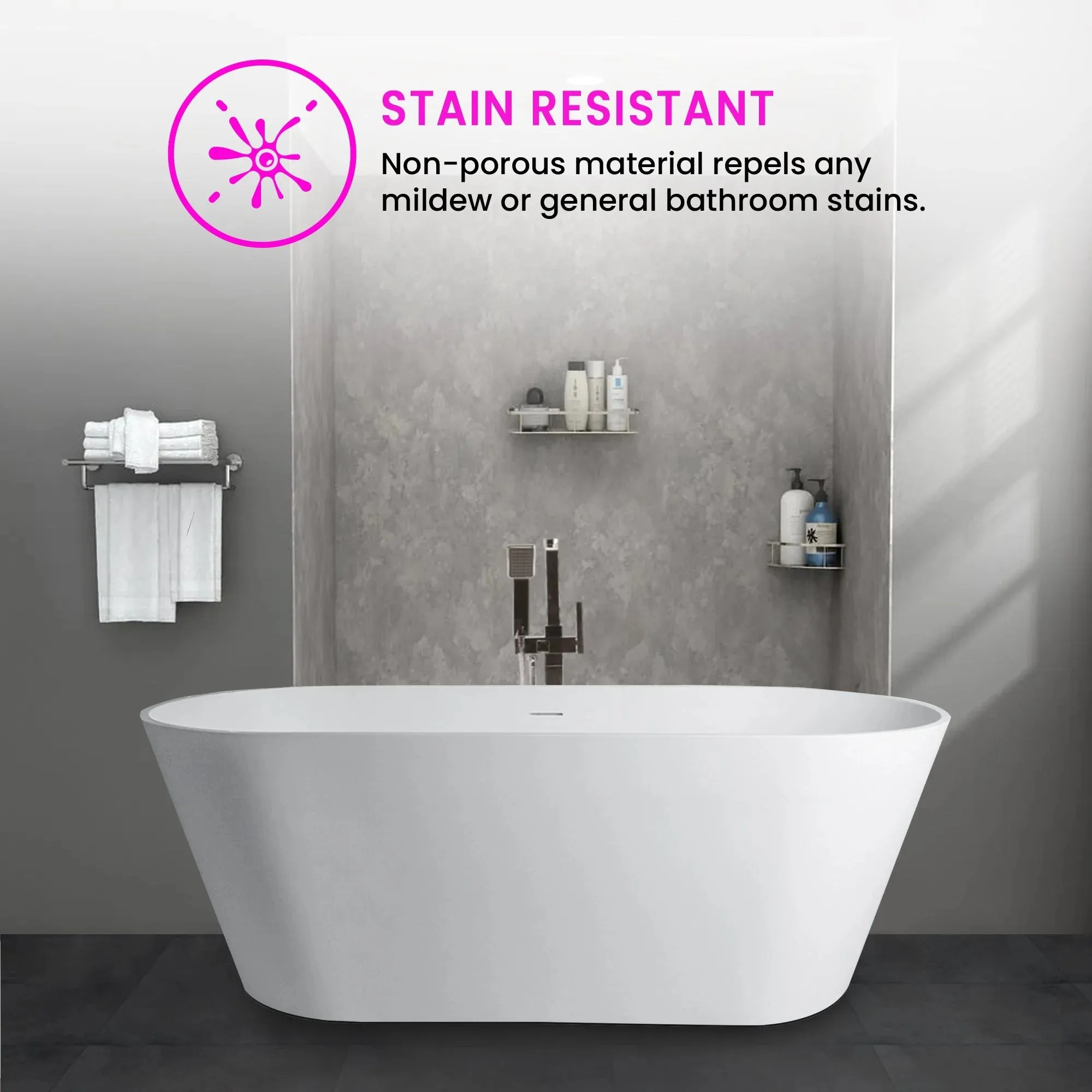 Vanity Art Lapopie 59" Bathtub Free-Standing Center Drain Slotted Overflow Resin Stone Matte White VA6912-MS New