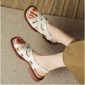 Wenkouban New Summer Sandals Women Square Toe Split Leather Gladiator Shoes Chunky Heel Back Strap Sandals for Women High Heels Sandals