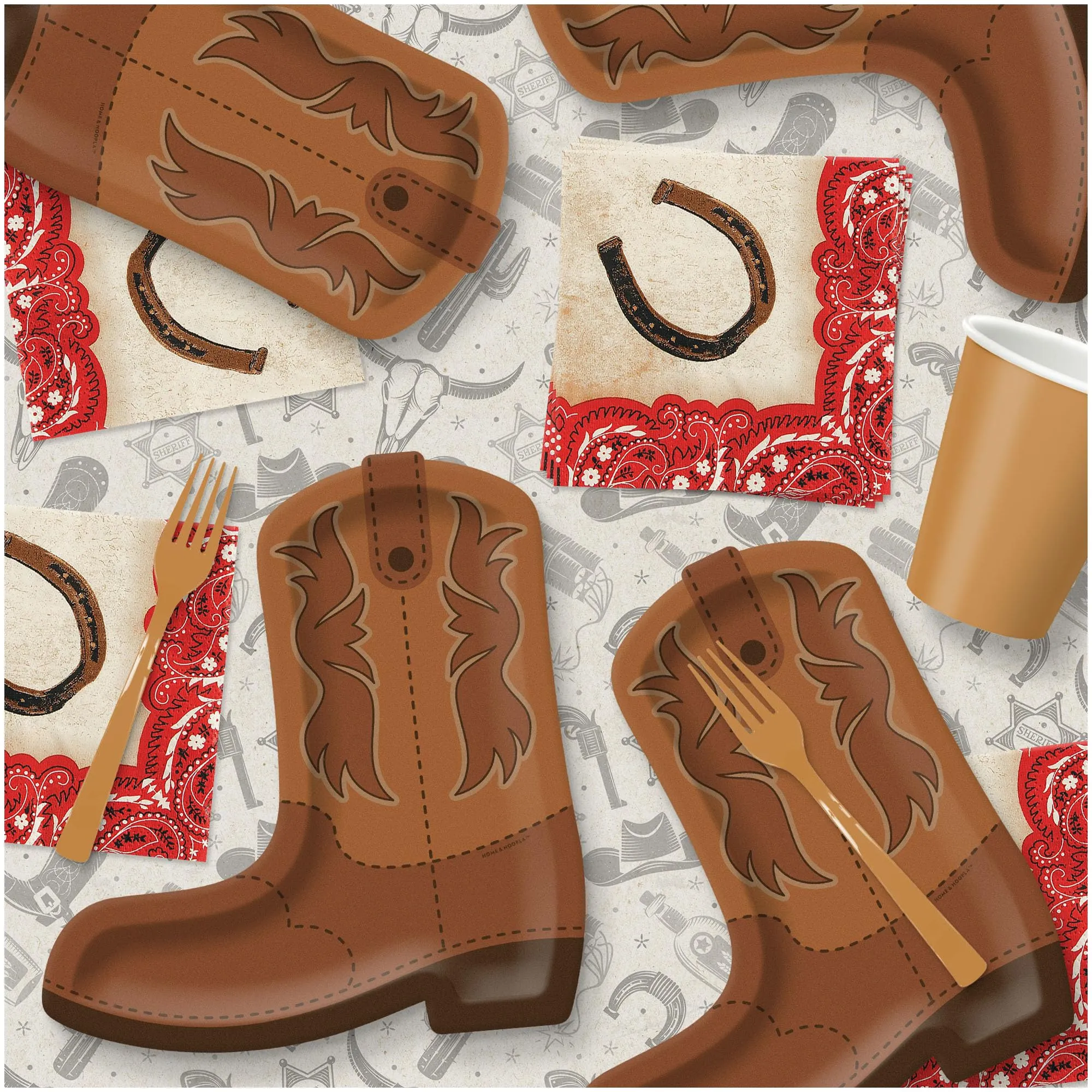 Western Party Supplies - Cowboy Boot Shaped Paper Plates and Horseshoe Napkins (Serves 16)