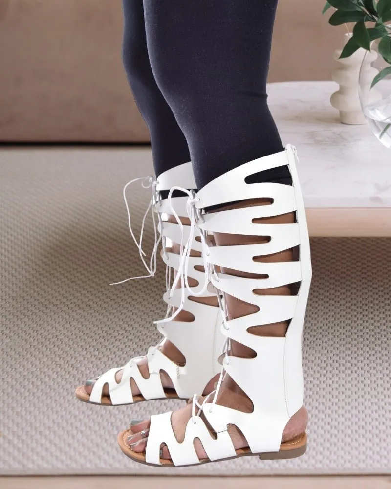 White Gladiator Tie Up Sandals