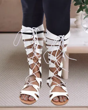 White Gladiator Tie Up Sandals