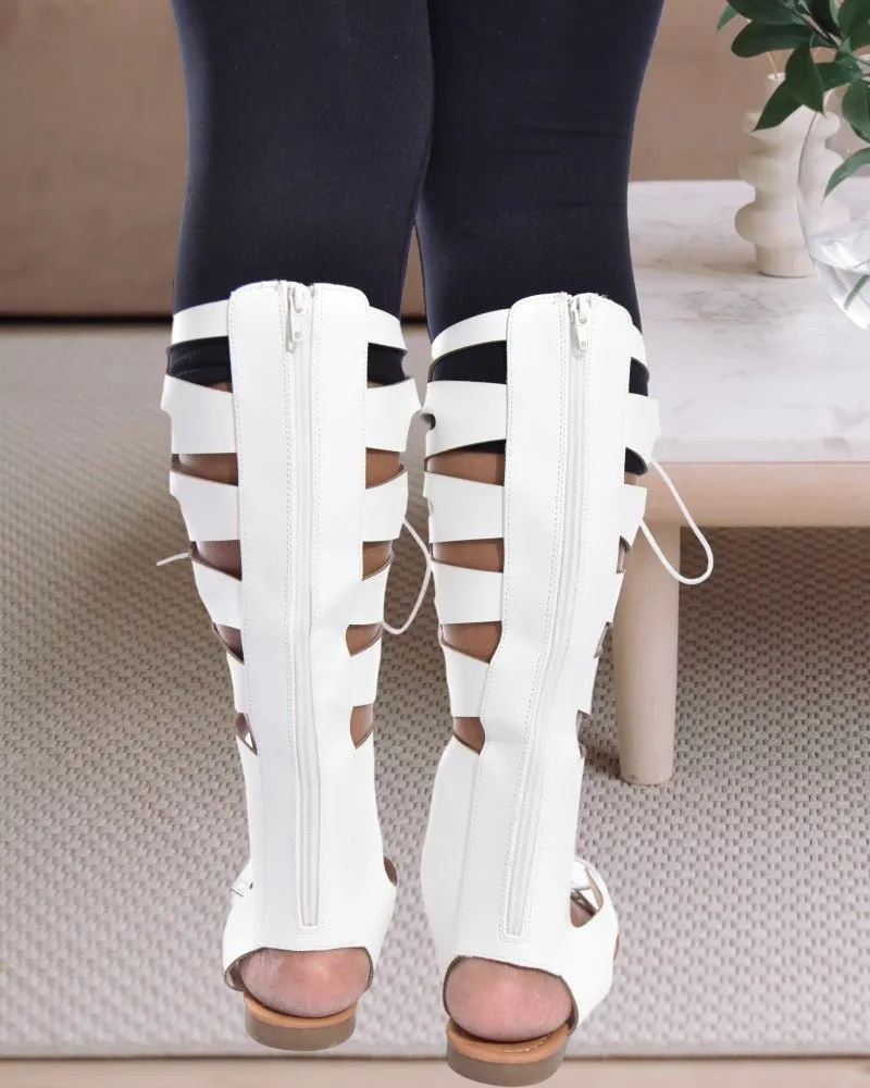 White Gladiator Tie Up Sandals