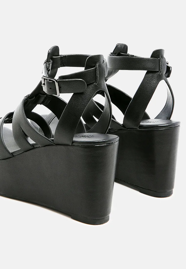 WINDRUSH Cage Wedge Leather Sandal in Black