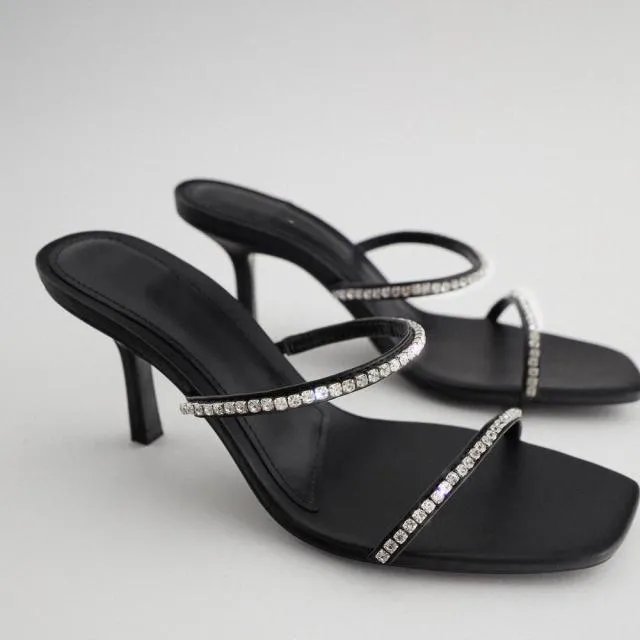 Women Black Square Head Rhinestone Sandals