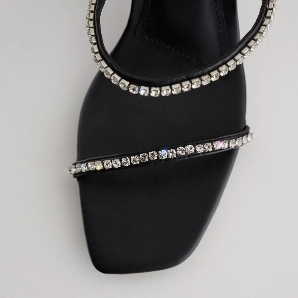 Women Black Square Head Rhinestone Sandals