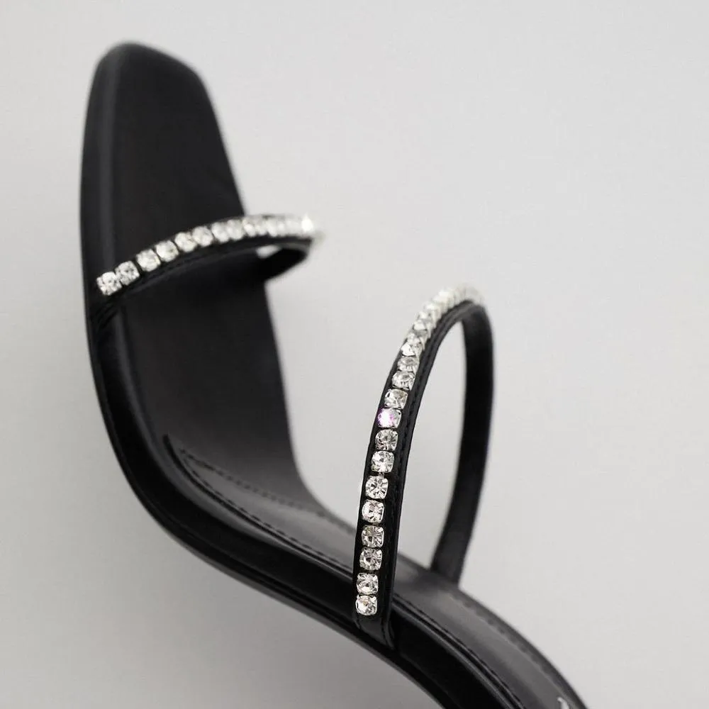 Women Black Square Head Rhinestone Sandals