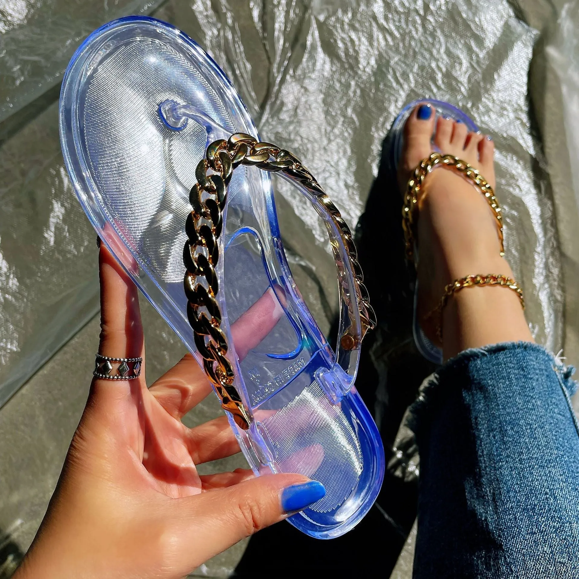 Women chain decor summer beach flip flop jelly sandals