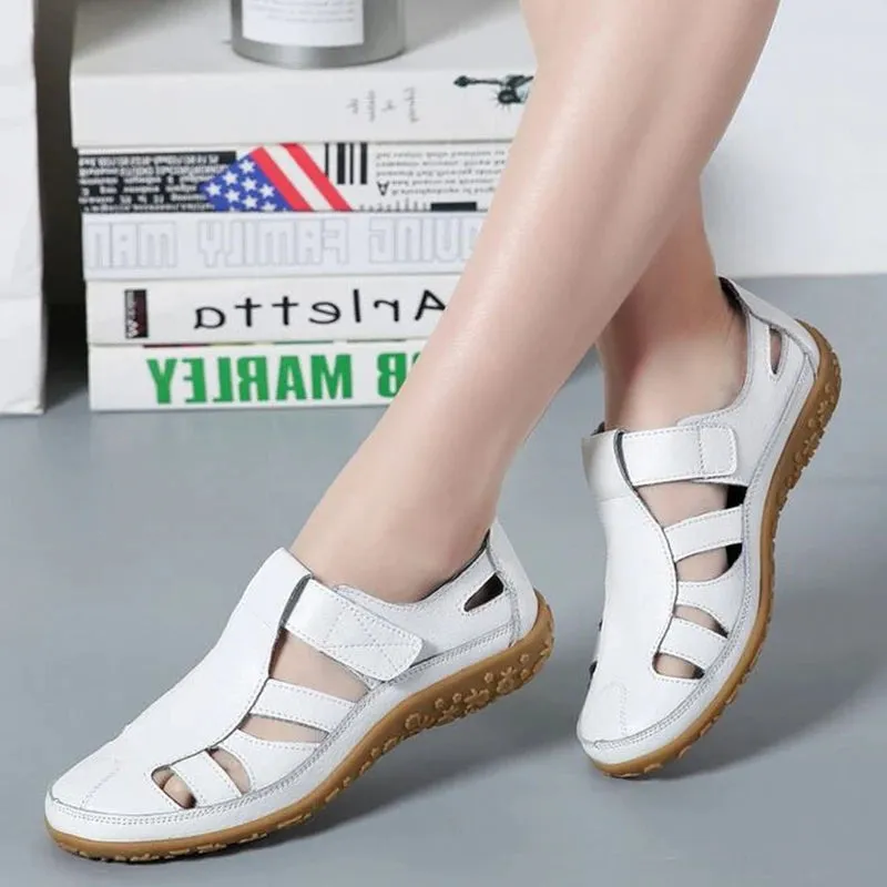 Women Genuine Leather Sandals Casual Summer Ladies Closed Toe Beach Sandals Women Flats