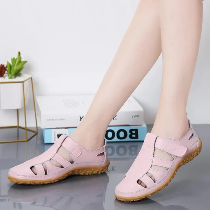 Women Genuine Leather Sandals Casual Summer Ladies Closed Toe Beach Sandals Women Flats