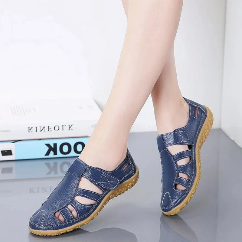 Women Genuine Leather Sandals Casual Summer Ladies Closed Toe Beach Sandals Women Flats