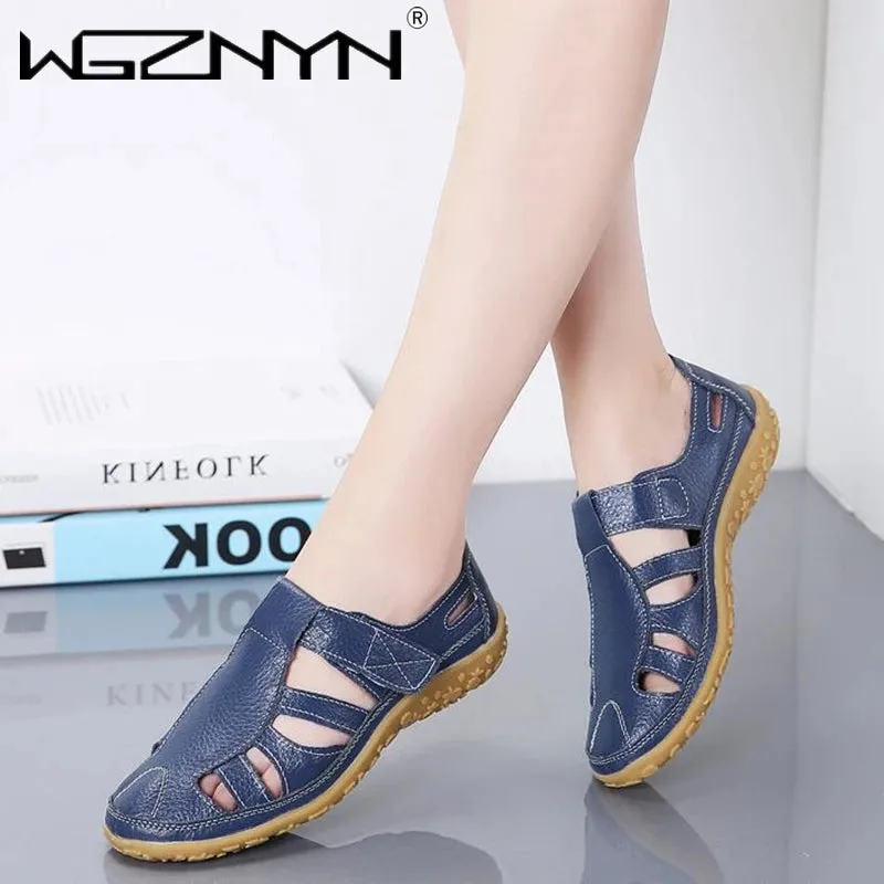 Women Genuine Leather Sandals Casual Summer Ladies Closed Toe Beach Sandals Women Flats