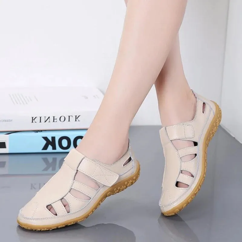 Women Genuine Leather Sandals Casual Summer Ladies Closed Toe Beach Sandals Women Flats