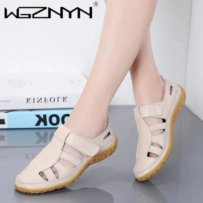 Women Genuine Leather Sandals Casual Summer Ladies Closed Toe Beach Sandals Women Flats