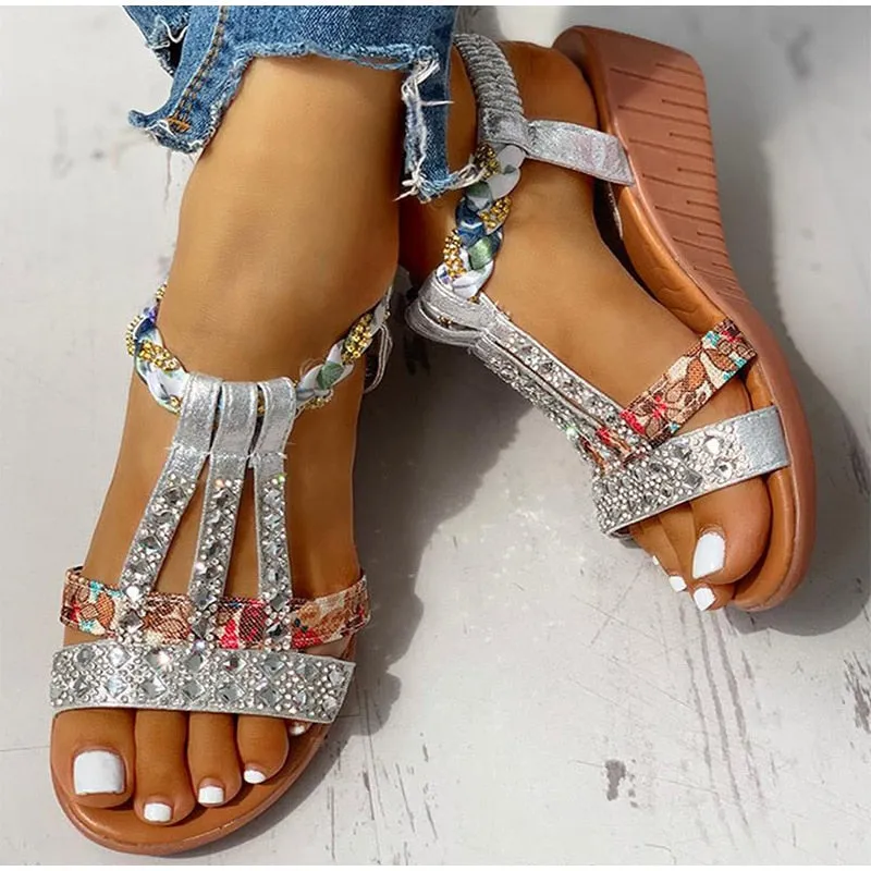 Women&#39;s Sandals Summer Bohemia Platform Wedges Shoes Crystal Gladiator Rome Woman Beach Shoes Casual Elastic Band Female