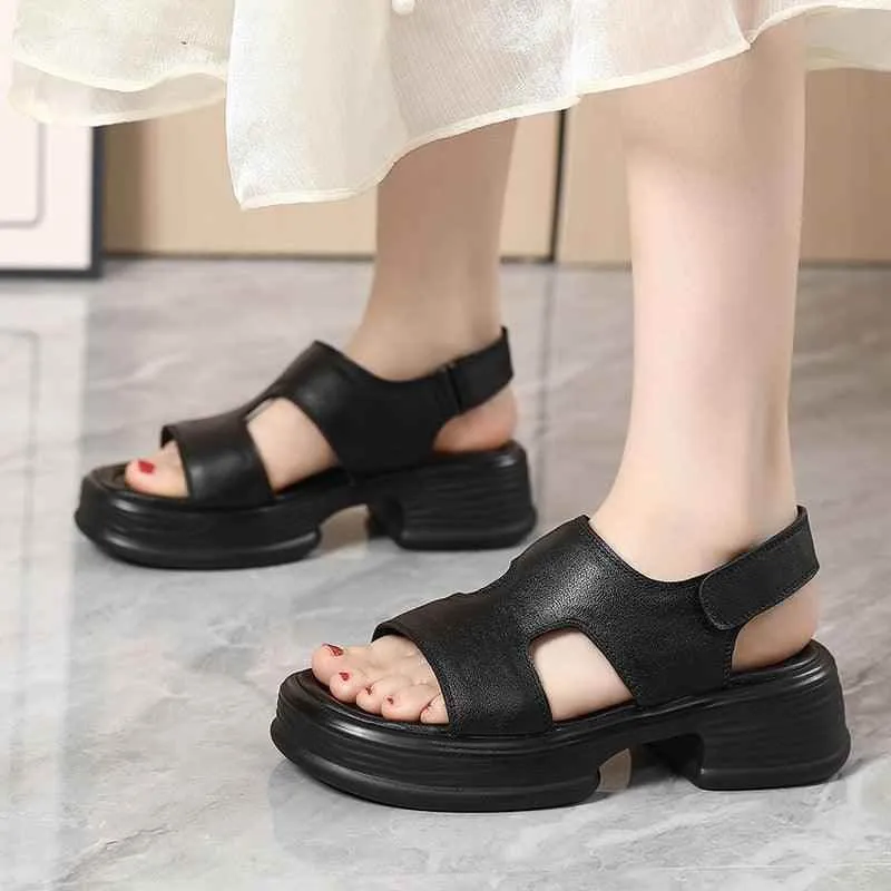 Women's Casual Platform Sandals: TL123 Leather Thick-Soled Roman Shoes