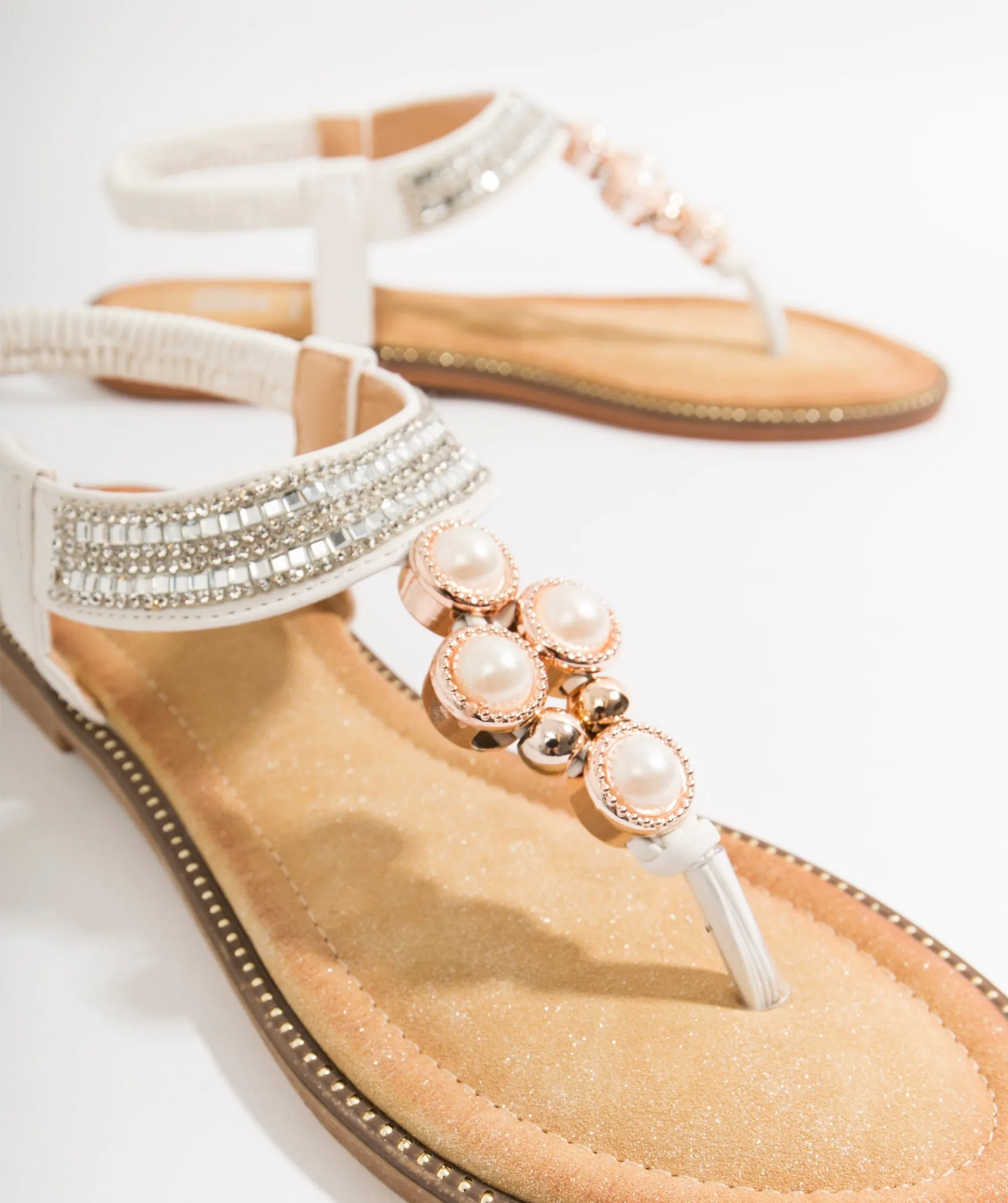 Women`s Pearl Embellished Sandals - White