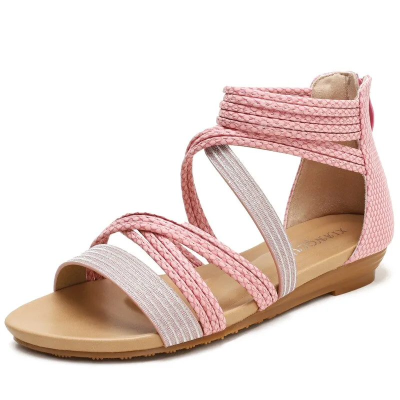 xiangtuibao   Spring and Summer Wedge Sandals Snakeskin Roman Shoes Large Size Casual Flat Shoes Strappy Ankle Platform Sandals