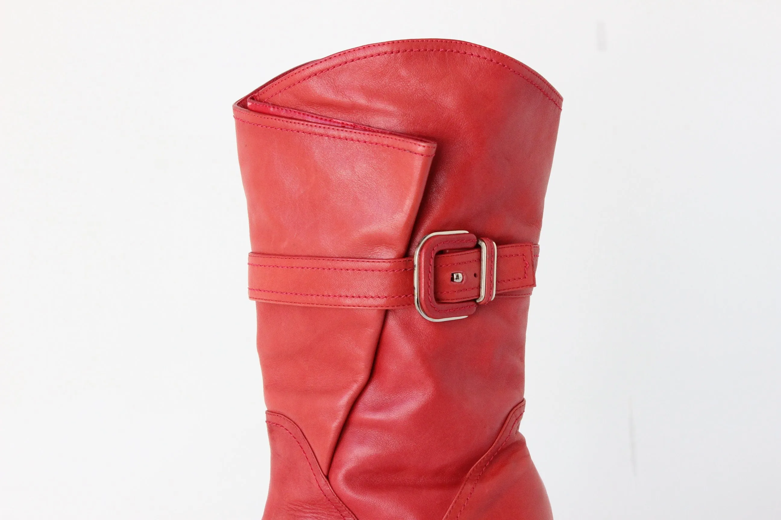 Y2K Red Leather Sassy Cowgirl Boots w/ Buckle & Stiletto Heel - Euro 40.5